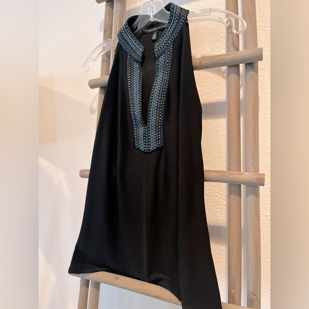 White House Black Market Size Small Black Sleeveless V Neck Top with Blue beaded